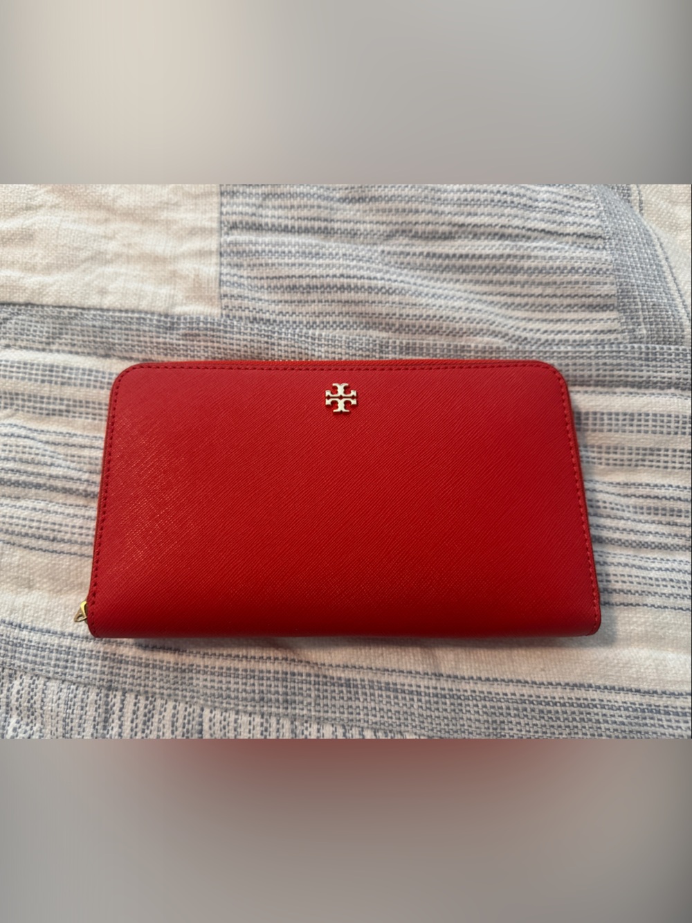 Tory Burch Poppy Red Zip-Around Wallet with Gold Logo